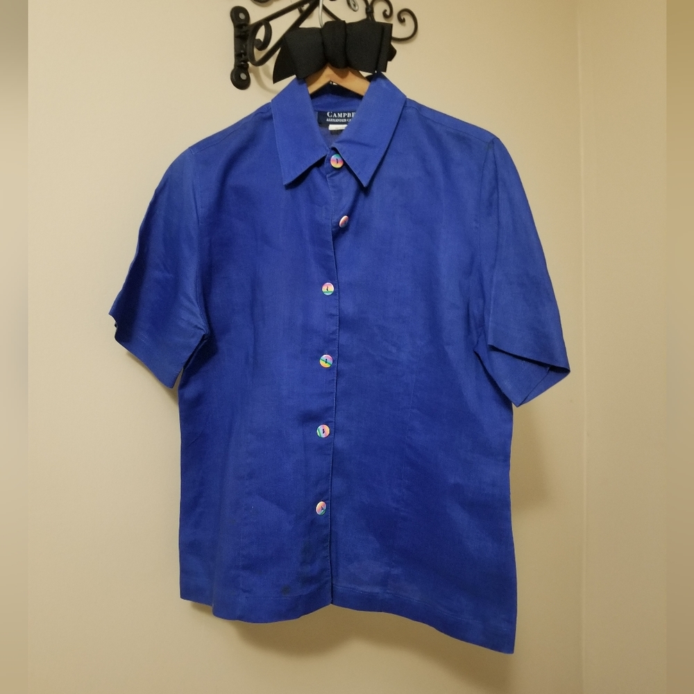Vintage 100% Linen Blue Button Up Shirt by Alexander Campbell